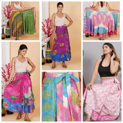 Pre-owned Vintage Women 100 Pcs Lot Indian  Silk Sari Recycled Wrap Around Skirt Reversible In Multicolor