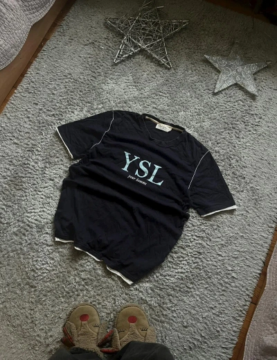 Pre-owned Vintage X Ysl Pour Homme Vintage Ysl Yves Saint Laurent Big Logo Striped T-shirt In Blue