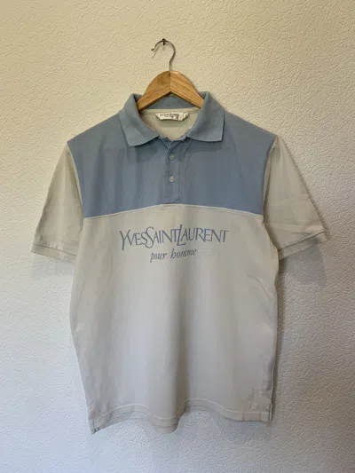 Pre-owned Vintage X Ysl Pour Homme Vintage Ysl Yves Saint Laurent White Blue Polo Shirt