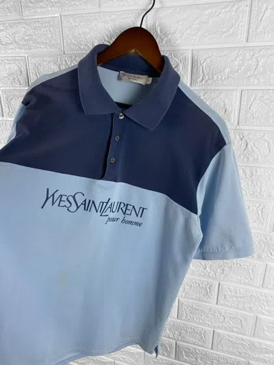 Pre-owned Vintage X Ysl Pour Homme Vintage Yvessaintlaurent Big Logo Polo T Shirt In Blue