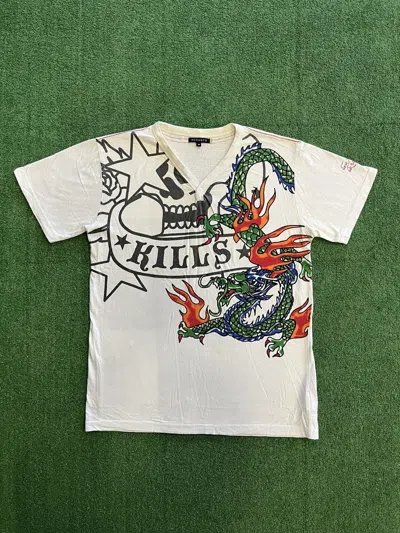Pre-owned Vintage Y2k Tattoo Dragon Skull Kills Ed Hardy Style Tee In White