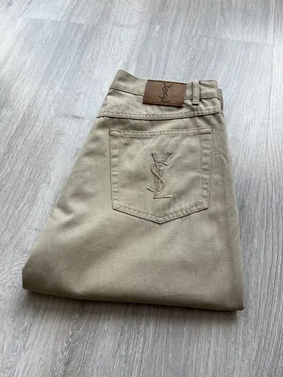 Pre-owned Vintage Yves Saint Laurent Jeans Denim Pants Big Ysl Logo In Sand