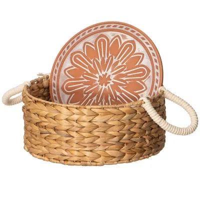 Vintiquewise Handwoven Bread Basket With Terracotta Stone Warmer & Rope Handles For Kitchen Dining Table & Home P