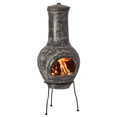 Vintiquewise Outdoor Clay Chiminea Outdoor Fireplace Scribbled Design Charcoal Burning Fire Pit With Sturdy Metal In Gray