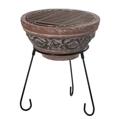 Vintiquewise Outdoor Small Red And Gray Clay Grill Accent Design Charcoal Burning Fire Pit With Sturdy Metal Stan