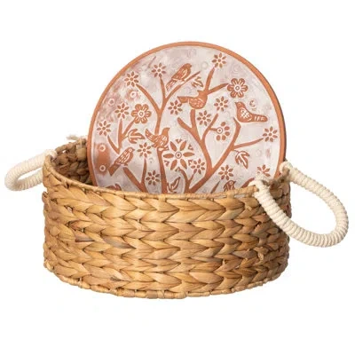 Vintiquewise Round Handwoven Bread Basket With Terracotta Stone Warmer & Rope Handles For Kitchen Dining Table & 