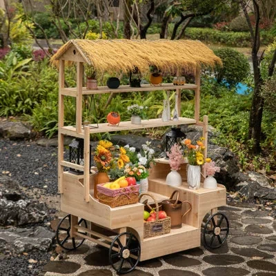 Vintiquewise Versatile Multi-tier Shelves Wooden Rolling Cart - Perfect For Festival, Event Stand, Food Tasting T In Beige
