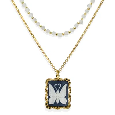 Vintouch Italy Women's Black Butterfly Cameo & Moonstone Layered Necklace