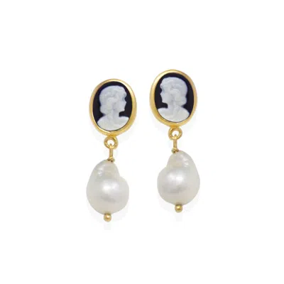 Vintouch Italy Women's Black / Gold Black Mini Cameo & Pearl Earrings In Multi