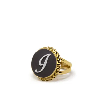 Vintouch Italy Women's Black / Gold Gold Vermeil Black Cameo Ring Initial I In Multi
