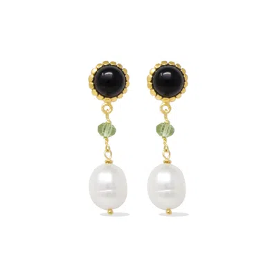 Vintouch Italy Women's Black / Gold Onyx, Green Amethyst & Pearl Drop Earrings In Multi