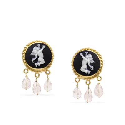 Vintouch Italy Women's Black / Gold / Pink Cherubs Black Cameo And Pink Quartz Earrings In Multi