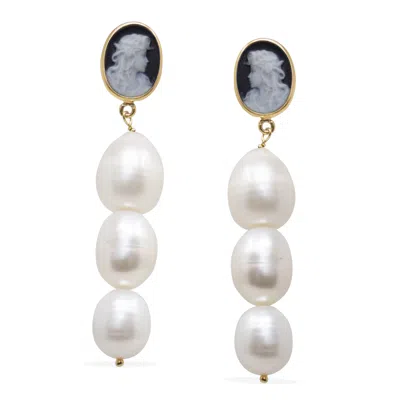 Vintouch Italy Women's Black / Gold Portrait Of A Girl Black Cameo And Pearl Earrings In Multi