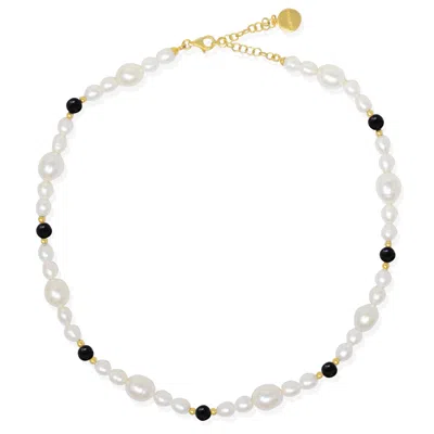 Vintouch Italy Women's Black / Gold / White Bianca Gold-plated Pearl And Onyx Necklace In Animal Print