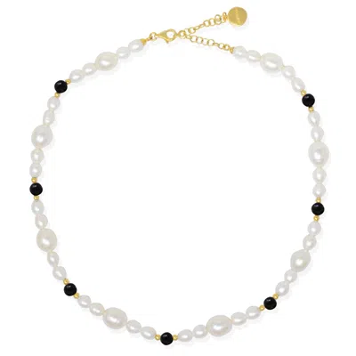 Vintouch Italy Women's Black / Gold / White Bianca Gold-plated Pearl And Onyx Necklace In Multi