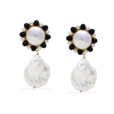 Vintouch Italy Women's Black / Gold / White Lotus Gold-plated Pearl And Onyx Earrings In Multi