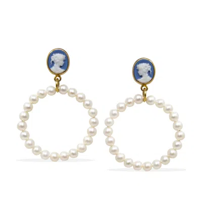 Vintouch Italy Women's Blue / Gold A Perfect Circle Sky Blue Cameo And Pearl Earrings In Multi