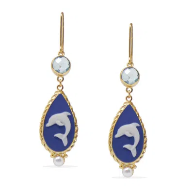 Vintouch Italy Women's Blue / Gold Dolphins Cameo Earrings With Blue Topaz In Multi