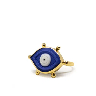 Vintouch Italy Women's Blue / Gold Evil Eye Gold-plated Stacking Ring In Multi