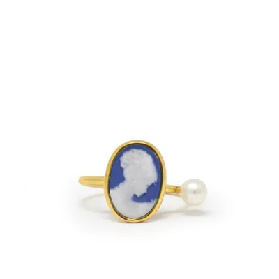 Vintouch Italy Women's Blue / Gold Gold-plated Blue Mini Cameo Ring With A Pearl In Multi