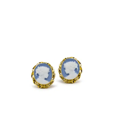 Vintouch Italy Women's Blue / Gold Gold-plated Sky Blue Mini Cameo Stud Earrings In Multi