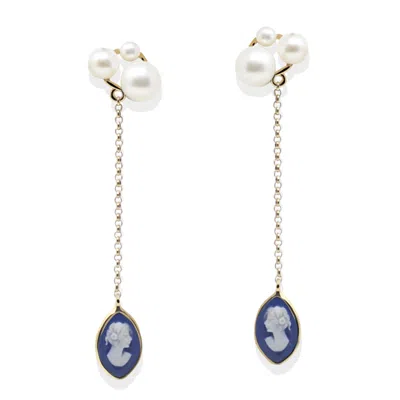 Vintouch Italy Women's Blue / Gold Lilith Gold-plated Blue Cameo And Pearl Drop Earrings In Multi