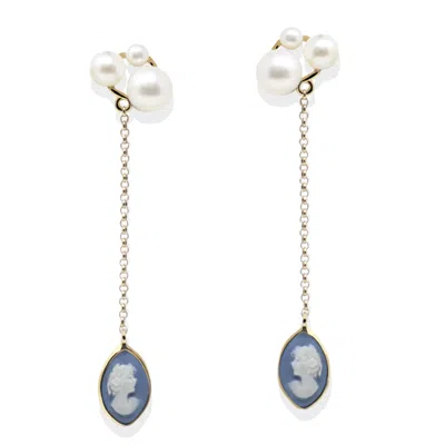 Vintouch Italy Women's Blue / Gold Lilith Gold-plated Sky Blue Cameo And Pearl Drop Earrings In Multi
