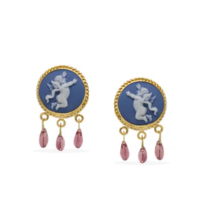 Vintouch Italy Women's Blue / Gold / Pink Cherubs Sky Blue Cameo And Tourmalines Earrings In Multi