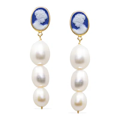 Vintouch Italy Women's Blue / Gold Portrait Of A Girl Blue Cameo And Pearl Earrings In Multi