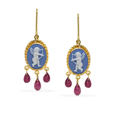 Vintouch Italy Women's Blue / Gold / Red Cupido Sky Blue Cameo And Garnet Earrings In Multi