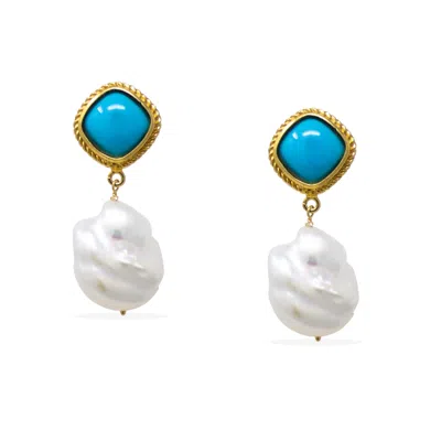 Vintouch Italy Women's Blue / Gold / White Incanto Solid Gold Turquoise And Pearl Earrings In Multi