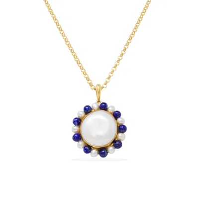Vintouch Italy Women's Blue / Gold / White Lotus Gold-plated Baroque Pearl And Lapis Necklace In Multi