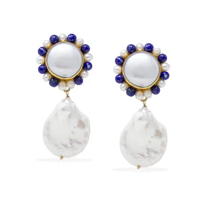 Vintouch Italy Women's Blue / Gold / White Lotus Gold-plated Pearl And Lapis Earrings In Multi