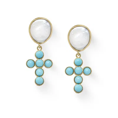 Vintouch Italy Women's Blue Hope Gold-plated Turquoise Cross Earrings