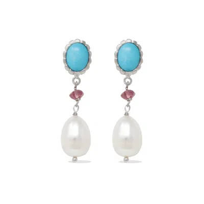 Vintouch Italy Women's Blue Turquoise, Pink Quartz & Pearl Drop Earrings