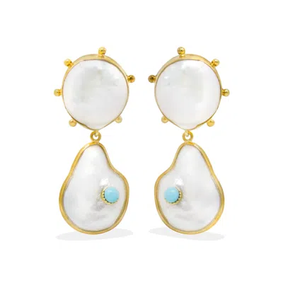 Vintouch Italy Women's Blue / White / Gold Rebel Rebel Pearl Earrings With Turquoise In Multi