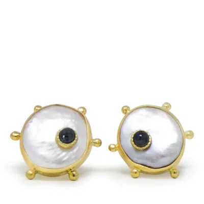 Vintouch Italy Women's Blue / White / Gold Rebel Rebel Pearl Stud Earrings With Sapphires In Multi