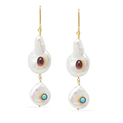 Vintouch Italy Women's Blue / White / Red Aphrodite Gold Vermeil Pearl, Rhodolite & Turquoise Earrings In Multi