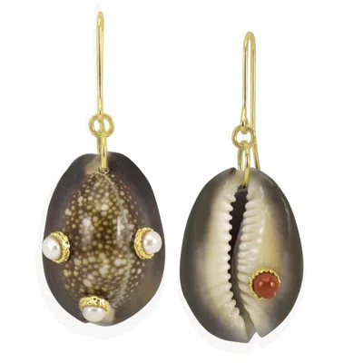 Vintouch Italy Women's Brown Pearls & Coral Dark Cowrie Shell Earrings