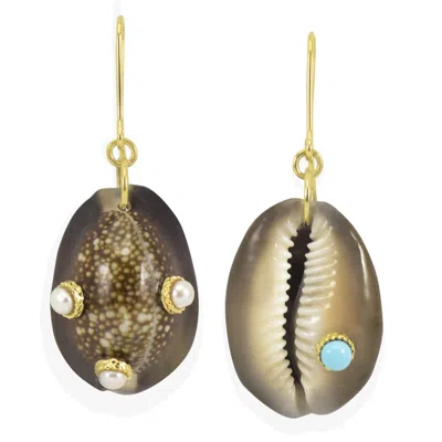 Vintouch Italy Women's Brown Pearls & Turquoise Dark Cowrie Shell Earrings