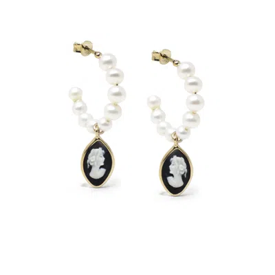 Vintouch Italy Women's Gold / Black April Gold-plated Pearl And Black Cameo Hoop Earrings In Multi