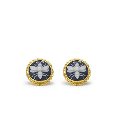 Vintouch Italy Women's Gold Black Bee Cameo Stud Earrings