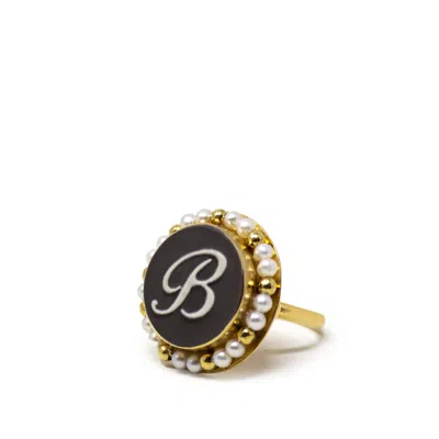 Vintouch Italy Women's Gold / Black Black Initial B Cameo Ring With Pearls In Multi