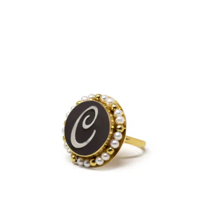 Vintouch Italy Women's Gold / Black Black Initial C Cameo Ring With Pearls In Multi