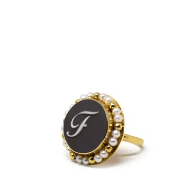 Vintouch Italy Women's Gold / Black Black Initial F Cameo Ring With Pearls In Multi