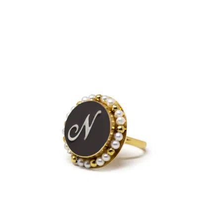 Vintouch Italy Women's Gold / Black Black Initial N Cameo Ring With Pearls In Multi