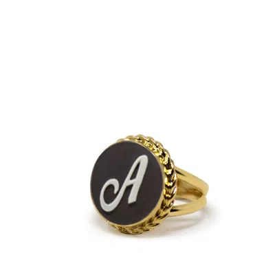 Vintouch Italy Women's Gold / Black Gold Vermeil Black Cameo Ring Initial A In Multi