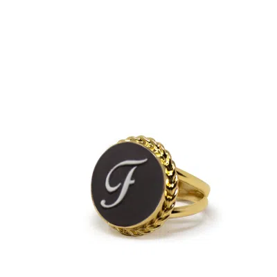 Vintouch Italy Women's Gold / Black Gold Vermeil Black Cameo Ring Initial F In Multi