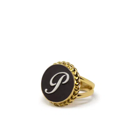 Vintouch Italy Women's Gold / Black Gold Vermeil Black Cameo Ring Initial P In Multi