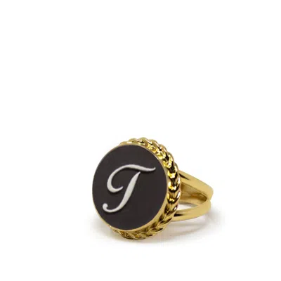 Vintouch Italy Women's Gold / Black Gold Vermeil Black Cameo Ring Initial T In Multi